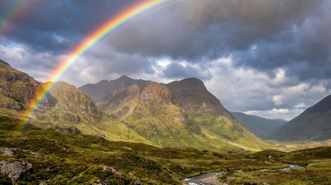 Double rainbow full arc over Scottish glen after summer storm, vivid colors, High-Resolution Travel and Nature Stock Photo.