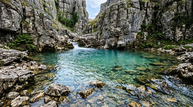 British limestone gorge with aquamarine river pool - Malham Cove Yorkshire.