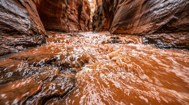 American Southwest slot canyon flash flood - russet reflections in thin water, Ultra High-Definition Background Stock Image.
