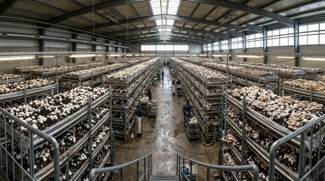 Interior view of a large industrial mushroom farm with workers harvesting fresh vegetables on metal shelves