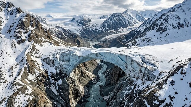 A natural ice bridge spans over a cold mountain river flow