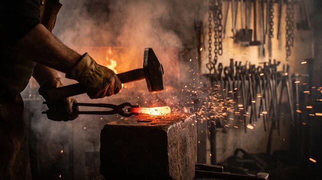 Blacksmith hammering glowing horseshoe on anvil with sparks