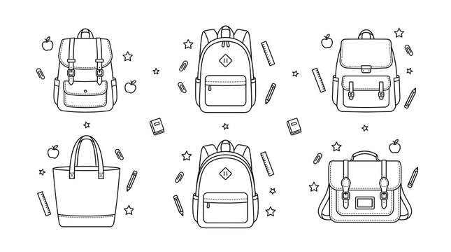 Outlined backpacks with school items&mdash;apples, books, pencils, and stars&mdash;arranged in a monochrome pattern evoking back‑to‑school preparation and learning&hellip;