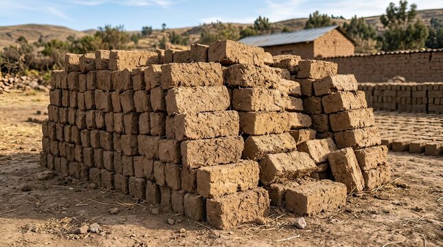 A large stack of handmade mud bricks sits on dry ground