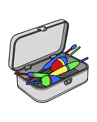 Illustration of a small open tackle box filled with colorful fishing floats and bobbers. © RizqiAditya