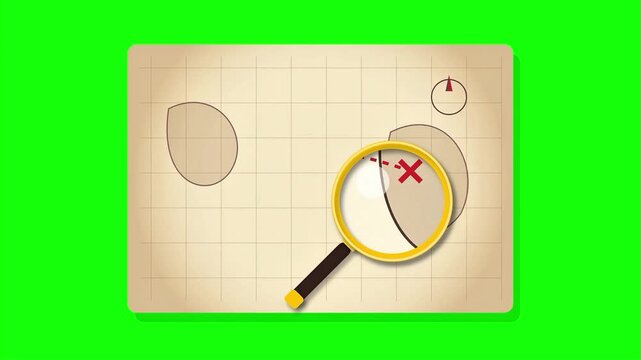 Magnifying Glass Exploring Treasure Map Animation on Green Screen Background