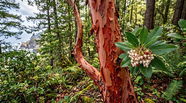 Pacific madrone tree with peeling red-orange bark in coastal California forest, Professional Editorial Nature Photograph.