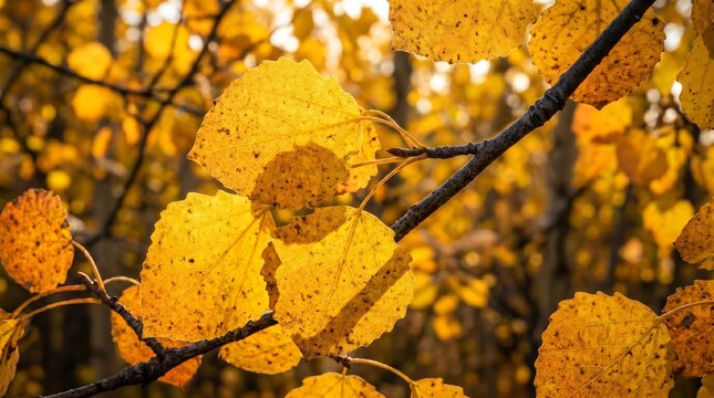 Canadian aspen grove in full autumn gold - backlit leaves glowing like stained glass, Professional Editorial Nature Photograph.