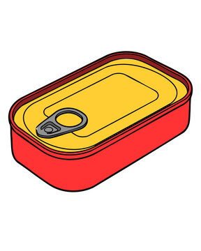 Vector illustration of a red and yellow canned fish tin with a ring pull lid.