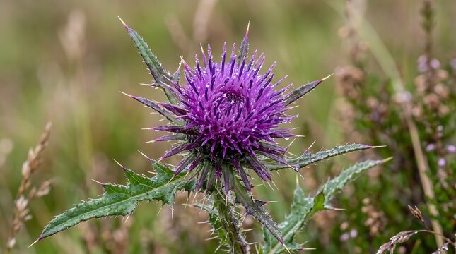 Scottish thistle macro - purple spiky bloom with dewdrops on thistle needles, Professional Editorial Nature Photograph.