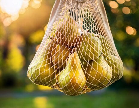close up photo of pears in a string bag on a summer background