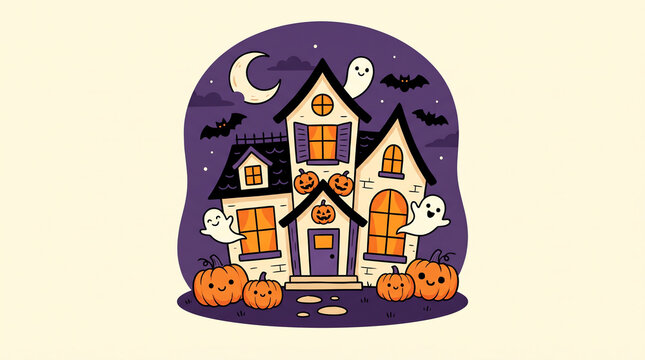 Cute cartoon haunted house illustration with pumpkins ghosts and bats for a fun halloween sticker design