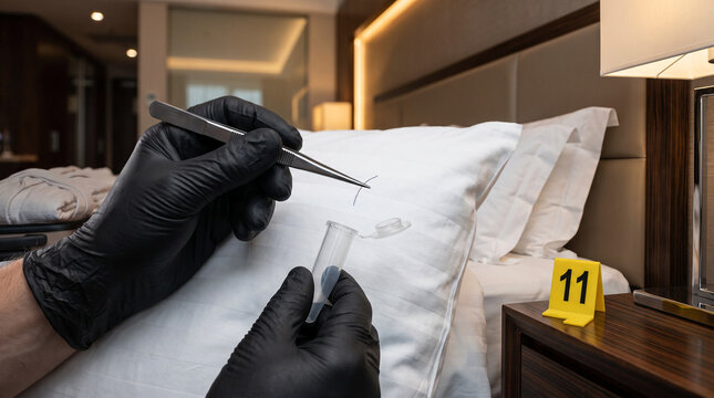 Forensic investigator collecting trace evidence from a hotel bed using tweezers and an evidence tube, documenting a potential crime scene for forensic analysis