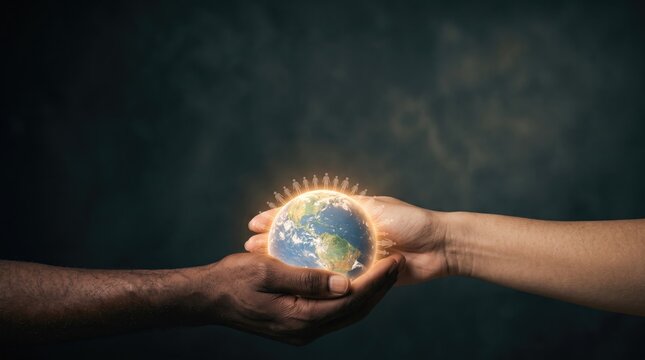 Close up hands holding glowing earth globe for World Humanitarian Day environmental care and global unity concept photo