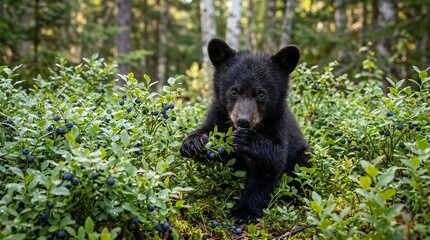 Naklejka premium American black bear cub in blueberry patch, Maine, summer morning, High-Resolution Travel and Nature Stock Photo.