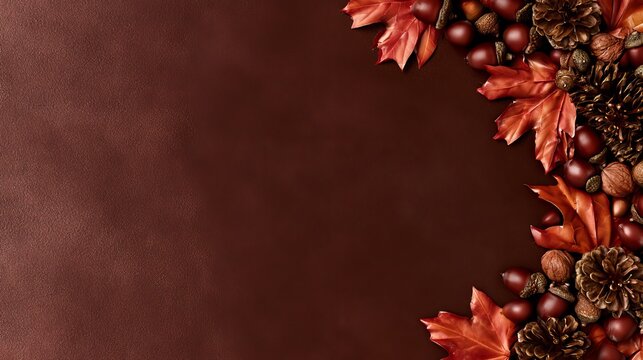 Autumn composition with fall leaves and nuts creating a seasonal border on a brown background