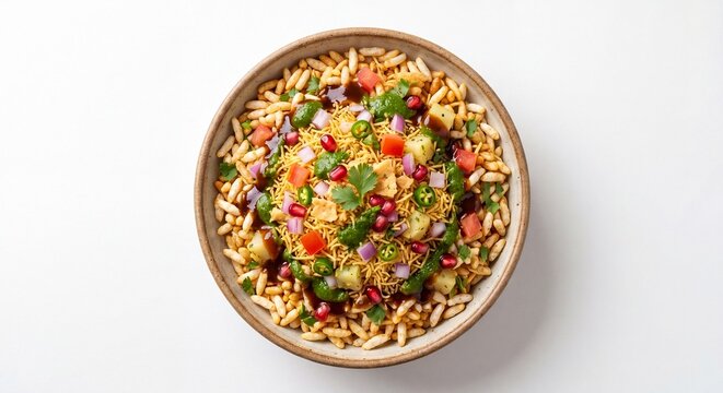 A bowl of bhel puri featuring puffed rice, diced vegetables, pomegranate, and fresh green herbs.