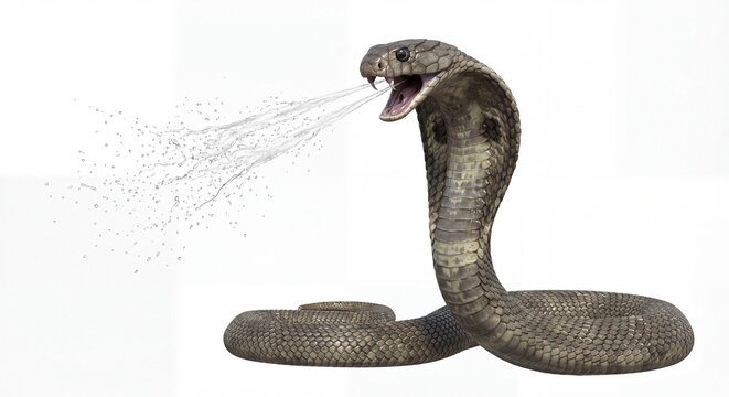A defensive cobra rearing up and spitting venom in a dramatic studio shot against white backdrop.