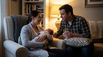 Fototapeta premium Happy young parents sitting on sofa with newborn baby in living room at home with warm lighting