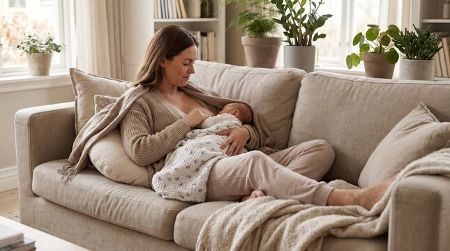 A woman breastfeeding her baby on a beige couch in a cozy living room with plants