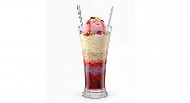 A tall glass filled with layered falooda dessert featuring rose syrup, vermicelli, and ice cream.