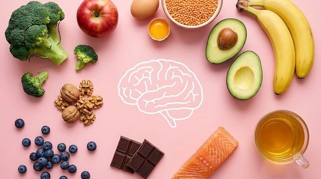 Brain healthy foods arranged on a pink surface with a hand drawn brain illustration.