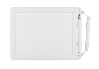 Clean white digital drawing tablet with stylus and coiled cord on a white background © maximon4ik