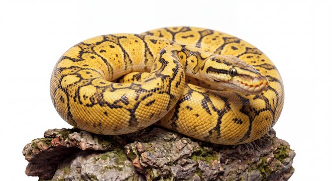 A vibrant yellow and black patterned ball python coiled on top of a piece of textured tree bark.