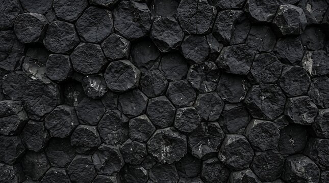 Dark volcanic basalt rock face texture - black hexagonal column cross section, Ultra High-Definition Background Stock Image.