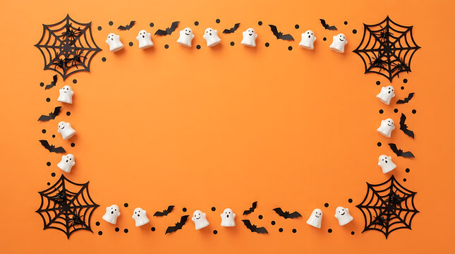 Halloween border frame made of small ghost figurines and black spider webs on a bright orange background