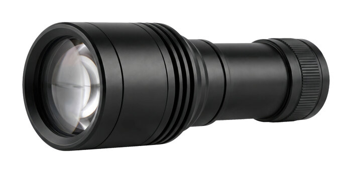 Modern black flashlight with a large lens and textured grip for tactical use