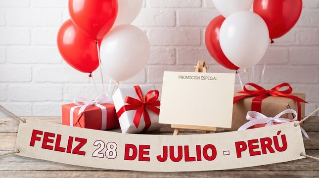 Peruvian celebration banner with gifts and balloons on wooden table against white brick wall background