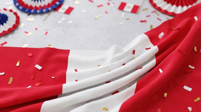 Canadian flag with confetti and patriotic decorations on a white background for celebration and national pride