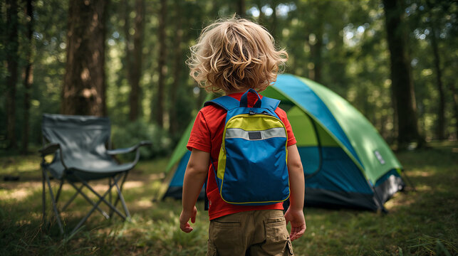 Little boy with a blue backpack exploring a forest campsite near a green tent, adventure and family camping concept