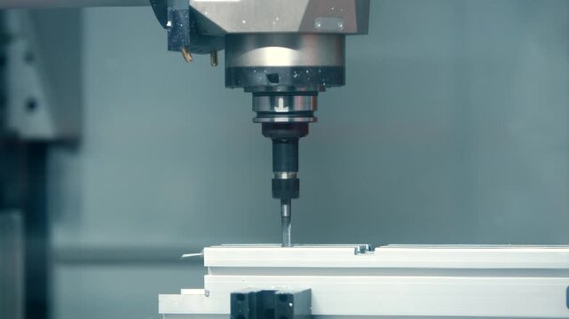 Title: CNC milling machine cutting and drilling metal part in industrial manufacturing workshop, precision metalworking process with automated machine tool in modern factory, close-up production line 