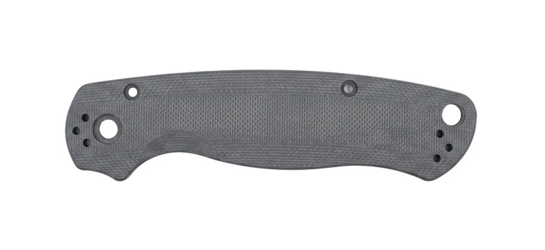 Close-up of a textured gray G10 knife handle with screw holes and lanyard loop