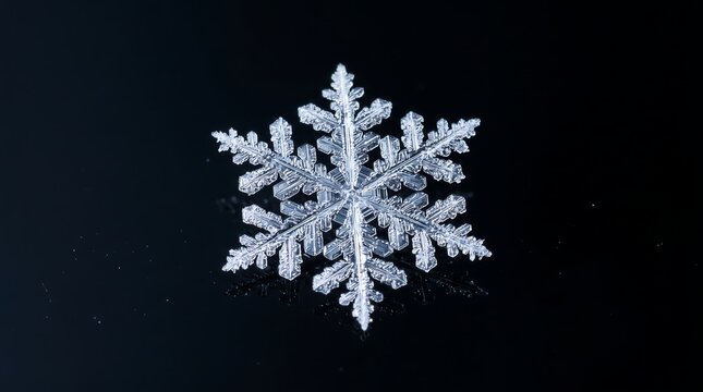 Microscopic snowflake on black glass - hexagonal crystal perfection macro.