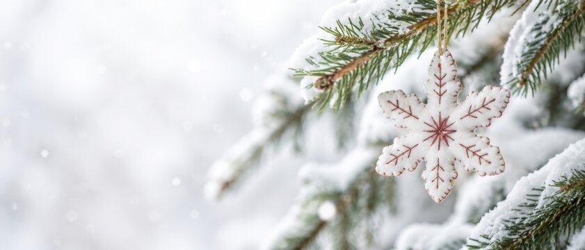 Cozy felt snowflake ornament hanging on a snow-covered Christmas tree branch with pine cone and blurry lights, offering a festive winter background with copy banner format