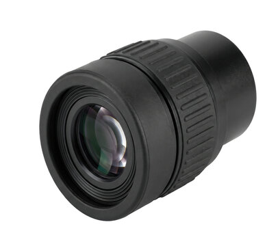 Close-up view of a compact black monocular telescope lens and body