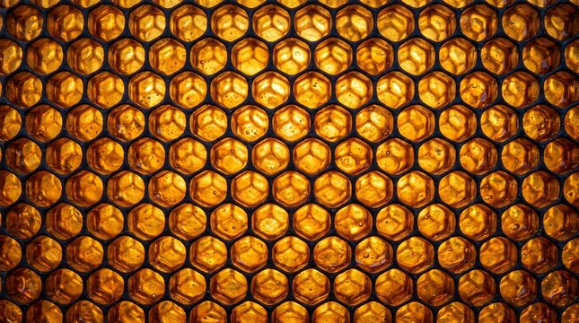 Backlit honeycombs in beehive - hexagonal amber wax cells, golden translucent, Ultra High-Definition Background Stock Image.