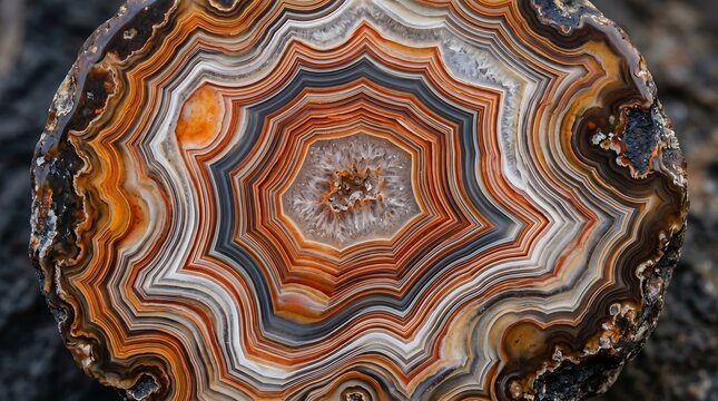 Cross-section of agate gemstone - concentric mineral ring abstract, Professional Editorial Nature Photograph.