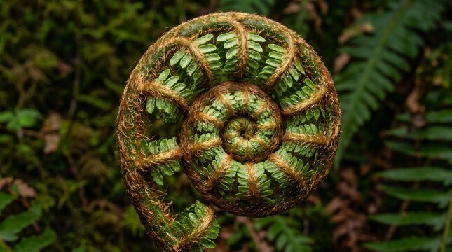 Pacific Northwest fern frond unfurling - fibonacci spiral fiddle head macro, Professional Editorial Nature Photograph.