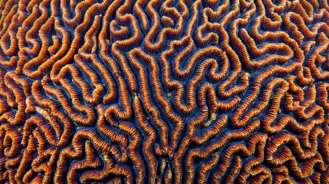 Coral reef brain coral pattern macro - abstract labyrinthine grooves, Professional Editorial Nature Photograph.