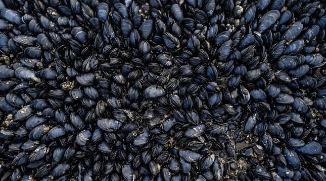 Mussel shell bed low tide abstract - blue-black oval mosaic pattern overhead, Professional Editorial Nature Photograph.