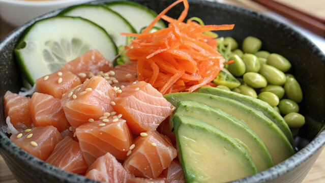 Extreme macro salmon poke detail with raw fish avocado soy glaze yuzu pearls and gold flakes highlighting freshness and texture