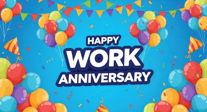 Happy work anniversary with colorful balloons and confetti