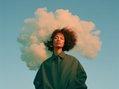 Curly Haired Woman Framed by Sunset Cloud
