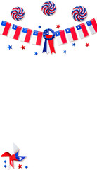 Obraz premium Chilean flag bunting, rosette, and paper fans decorating for fiestas patrias