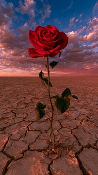 Red rose with green stem thriving in arid cracked earth under a clear blue sky