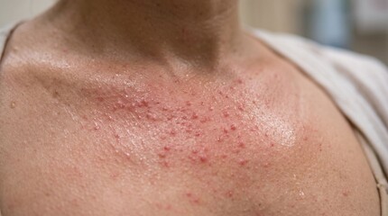 Naklejka premium Woman sweaty chest with red prickly heat rash and miliaria